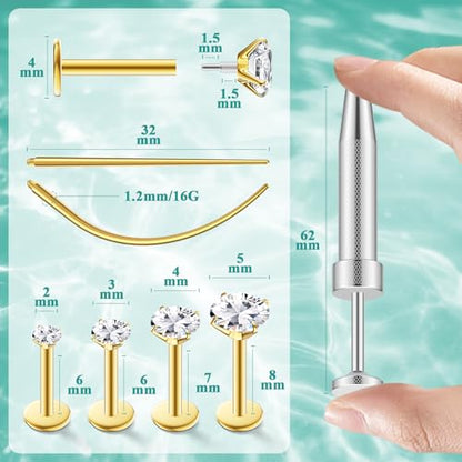4 Pairs 16G 18G Flat Back Stud Earrings, Hypoallergenic Surgical Steel Set | CZ 2-5mm, internal thread design for nose and tragus piercings use, includes ball grabber tool for easy jewelry changes - color: 16G CZ 2/3/4/5mm Gold