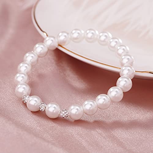 White 8mm Glass Pearls Necklace Bracelet Earring Jewelry 3 Set Wholesale for Women Little Girls - style: 14.5inch