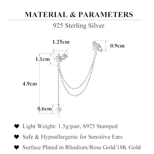 SLUYNZ 925 Sterling Silver Fashion Star Cuff Earring Chain for Women Star Crawler Earring Wrap Earrings - color: One Earring(Left)-A-Silver