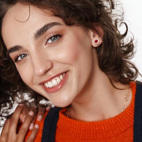 Bestyle 8mm Small Birthstone Earrings for Women with Hypoallergenic Sterling Silver Post,Sparkle Heart/Round Womens Studs Earrings, Great Birthday/Christmas/Anniversary Jewelry for Wife Mother - color: 07. July Ruby-Round