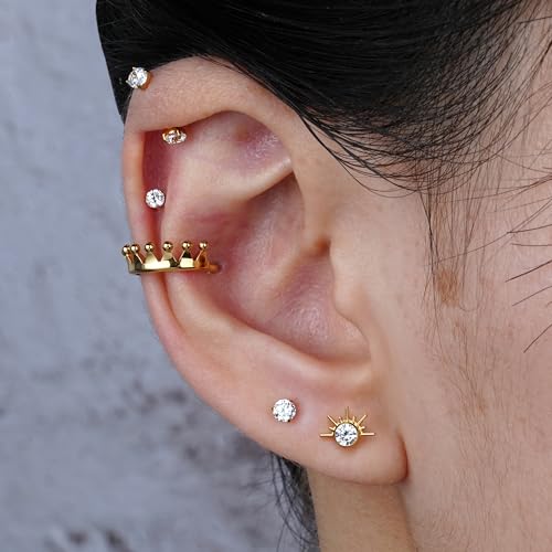 FINE4U 1PC ASTM F136 Titanium 16G Flatback Stud for Tragus, Helix, Conch 6mm 8mm - Screw on Cartilage Earring Piercing Jewelry - color: Sun CZ - Gold