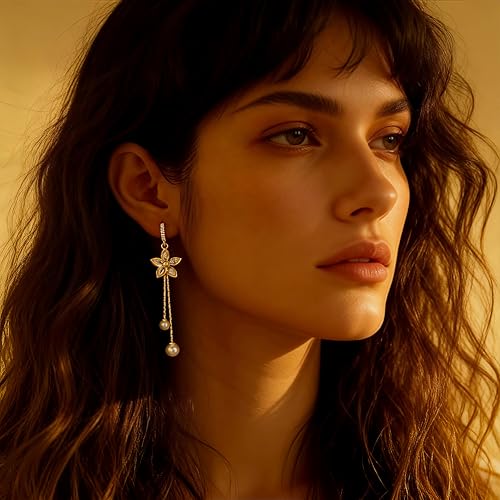 14K Gold Plated CZ Flower Dangle Earrings for Women, Sparkly Cubic Zirconia Long Tassel Drop Earrings, Bridal Wedding Jewelry - color: B:Flower Pearl Earrings