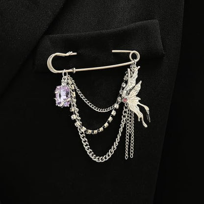 2 Pcs Chain Tassel Brooch Pins Set for Women Rhinestone Heart Flower Star Long Chain Bling Crystal Pearl Sweater Shawl Clips Punk Collar Chain Brooch Costume Jewelry - style: Style B