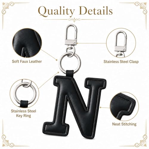 Initial Letter Keychain,Stainless Steel,Colorful Faux Leather Keyring for Backpack,Purse,Car Keys,Gift for Men Women - color: N