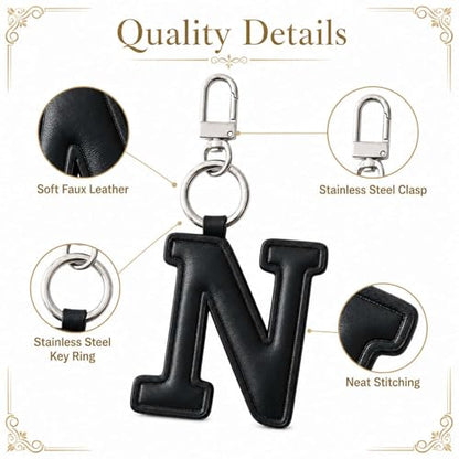 Initial Letter Keychain,Stainless Steel,Colorful Faux Leather Keyring for Backpack,Purse,Car Keys,Gift for Men Women - color: N