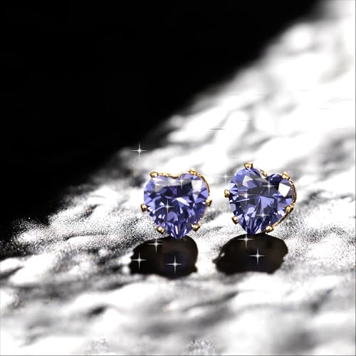 8mm Heart-Cut Birthstone Stud Earrings for Women – 18K Gold Plated Hypoallergenic Cubic Zirconia Earrings, Nickel Free, 12 Months Colors, Everyday Jewelry, Gift for Her, Bridal, Birthday, Christmas - color: 09 Sept Tanzanite
