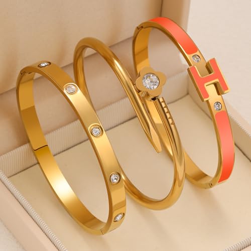 3Pcs Gold Bracelets for Women 14K Gold Plated Love/H/Nail Bangle Bracelet Dainty Non Tarnish Bracelet Jewelry Christmas Mothers Day Gifts for Women - color: 3Pcs Gold/Orange H bracelet