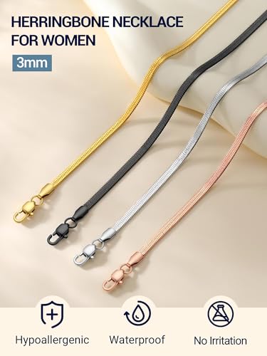 PROSTEEL 3mm/5mm Herringbone Choker Necklace for Women, 12.5"/15"/18", Stainless Steel/Sterling Silver Flat Snake Chain in Silver/Yellow Gold/Rose Gold/Black, Come with Box - color: 3mm-Rose Gold Plated, size: 12.5 Inch