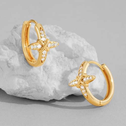 Dremmy Studios Dainty CZ Huggie Hoop Earrings 14K Gold Plated Chunky Simple Cute Thick Round Frill Bead Ball Starburst Cuff Earrings Cubic Zirconia Hoop Earrings Minimalist Personalized Gift for Her - color: Cross-Hoop