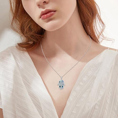 Hamsa Necklace 925 Sterling Silver Evil Eye/Lotus Flower/Star of David/Chai/Yin Yang Hamsa Hand Pendant Jewelry Hand of Fatima Gifts for Women - style: Evil Eye Hamsa