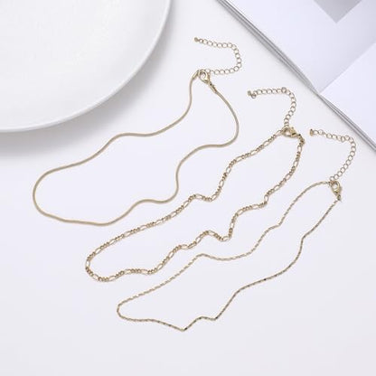 wgoud Gold Necklace for Women Waterproof,14K Real Gold Plated Herringbone Choker Necklace for Women Trendy, Dainty Gold Chain Necklaces Stack,Simple Layered Gold Necklaces for Women Jewelry Gifts - color: 3Pcs Gold Necklace A