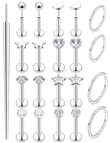 20G 18G 16G Threadless Lip Labret Medusa Monroe Nose Piercing Jewelry Surgical Steel Snake Bites Lip Rings Flat Back Push in Cartilage Tragus Helix Conch Earring Stud 6mm 8mm 10mm Bars - color: Silver-16G（1.2mm) - Bars:7mm - Hinged Clicker Rings:8mm 10mm