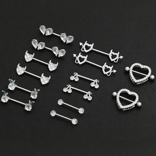 8 Pairs Nipple Rings 14G Stainless Steel Heart Cherry Apple Devil CZ Acrylic Ball Stud Barbell Tongue Rings Set Cute Nipplerings Piercing Jewelry for Women Red Silver Tone - color: Silver