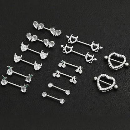 8 Pairs Nipple Rings 14G Stainless Steel Heart Cherry Apple Devil CZ Acrylic Ball Stud Barbell Tongue Rings Set Cute Nipplerings Piercing Jewelry for Women Red Silver Tone - color: Silver