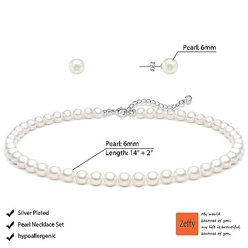Zeffy Pearl Necklace 4MM/6MM/8MM Dainty Round Imitation Pearl Choker Necklace Wedding Pearl Necklace Delicate Jewelry for Women Simple Bridesmaid Jewelry Gifts - style: Pearl Necklace + Earrings