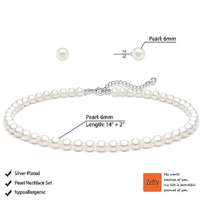 Zeffy Pearl Necklace 4MM/6MM/8MM Dainty Round Imitation Pearl Choker Necklace Wedding Pearl Necklace Delicate Jewelry for Women Simple Bridesmaid Jewelry Gifts - style: Pearl Necklace + Earrings