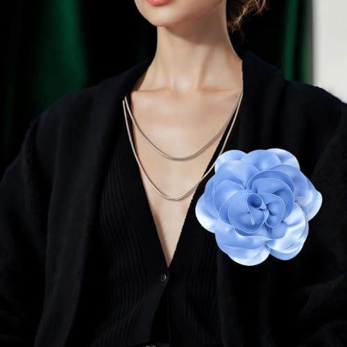 Large Rose Flower Brooches Chiffon Camellia Brooch Lapel Pins Hair Clips Hat Pins for Women Wedding Banquet Accessories Large Satin Flowers 5.5in - color: Blue 1