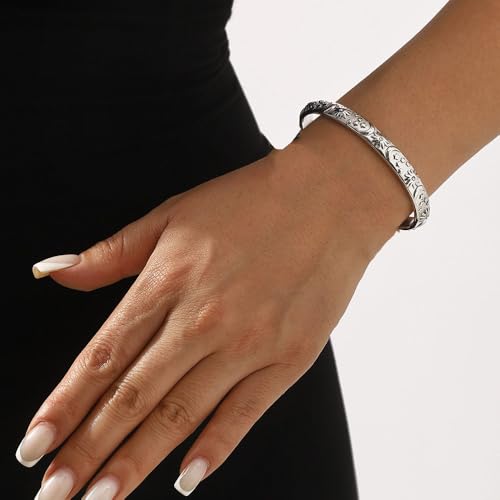 Embossed Moon Star Sun Bangle Cuff Bracelet for Women Fashion CZ Insected Celestial Open Adjustable Statement Bracelets Lightweight Boho Wrist Wrap Dress Accessories Jewelry Gift - color: Silver