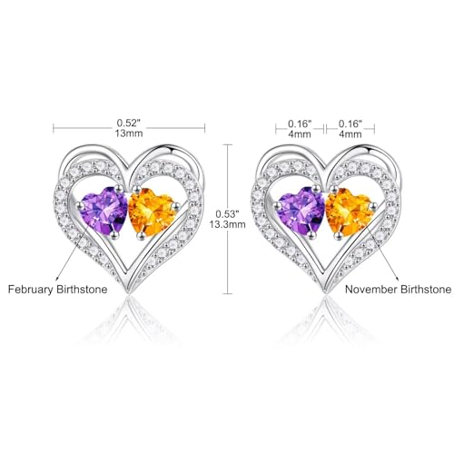 Heart Earrings for Women - Birthstone Earrings | 925 Sterling Silver, Stud Earrings, Gift Box Packaging, Anniversary Birthday Gifts for Women Wife Girlfriend Mom - color: 02-11-Feb-Nov Birthstone
