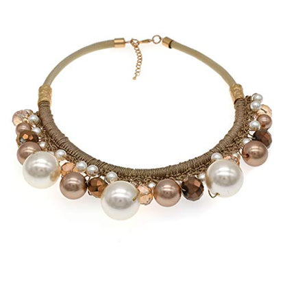 utop JNF Hand made Pearl Statement Necklace for Women Rhinestone Multilayer Crystal Necklaces Chunky Pearl Necklace Large Pearl Necklace and Earrings Set for Mother Mom's gift - color: champagne pearl necklace leather