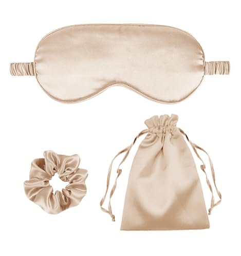 3Pcs Satin Eye Mask Silk Sleep Masks Set Silky Blindfold Eyeshade Blackout Eyes Cover Pouches Bag Scrunchy Wedding Gift - color: Pale Champagne