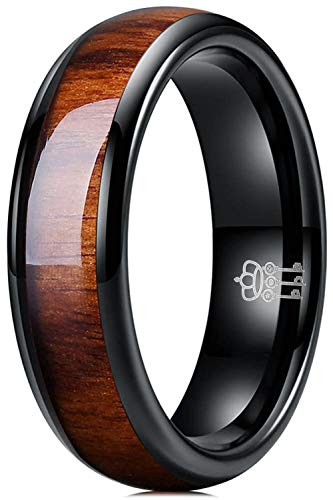 THREE KEYS JEWELRY Tungsten Wedding Band Koa wood Inlay Black Domed | 4mm, 6mm, 8mm, Everyday Wear, Black, Domed, Koa wood inlay - color: Black 6mm
