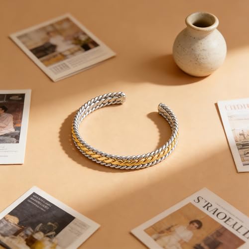 Gold and Silver Bracelets for Women Two Tone Braided Cuff Bangle Mixed Metal Statement Bracelet Fashion Jewelry