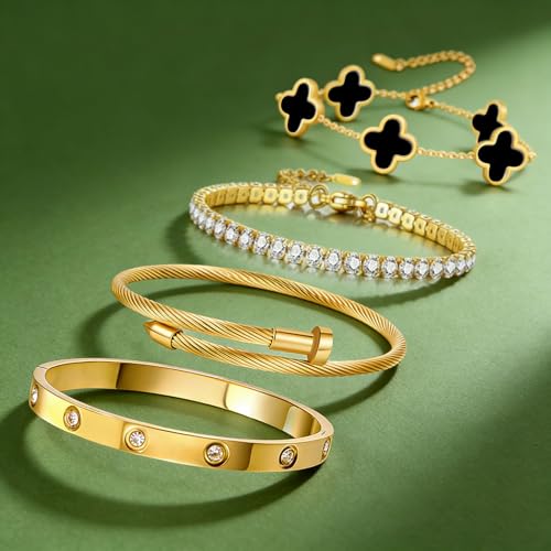 Gold Bracelets for Women, 18K Gold Plated Women Tennis Bracelets Clover Nail Love Bangle Bracelet Set, Gold Bracelet Stackable Set Trendy Jewelry, Gifts for Women's Day and Mother's Day - color: 10-Color- 4 Black