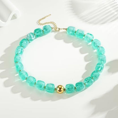 Ritach Chunky Beaded Necklaces for Women - Colorful Large Square Acrylic Beaded Necklace Boho Chunky Necklace Adjustable Statement Choker Necklace for Women Waterproof Summer Beach Jewelry Gifts - color: Mint Green