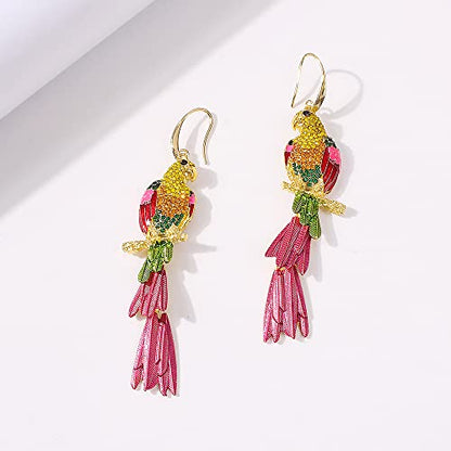 Rhinestone Parrot Bird Dangle Earrings for Women Girls Colorful Crystal Pink Feather Statement Drop Fish Hook Dangling Stud Lightweight Boho Carnival Holiday Prom Party Jewelry Gifts Souvenirs