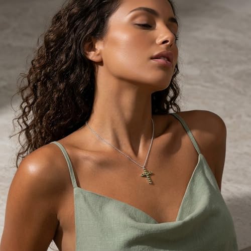 Cross Necklace for Women, Silver Cross Pendant Necklaces | 14K Gold Plated, Dainty CZ Cross Necklace, Non Tarnish and Hypoallergenic Jewelry for Women, Christian Religious Faith Gifts - color: A-Olive Green-Silver