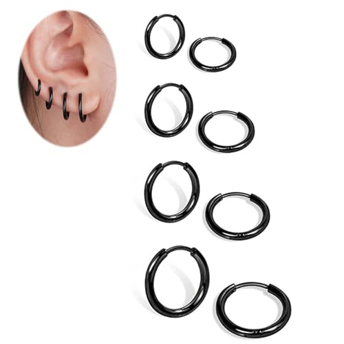 4 Pairs Black Earrings for Men Women, 316L Surgical Stainless Steel Small Hoop Earrings Hypoallergenic Non Tarnish Cartilage Hoop Earrings for Multiple Piercing Huggie Earrings Jewelry (Black-2.0mm) - color: Black, size: 6/8/10/12mm (Thickness: 2.0MM)