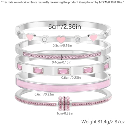 Camhanno Pink Heart Bangle Bracelets for Women - 18K Gold Plated Stackable Stainless Steel, Friendship & Love Jewelry Gift for Her - color: Silver+Pink
