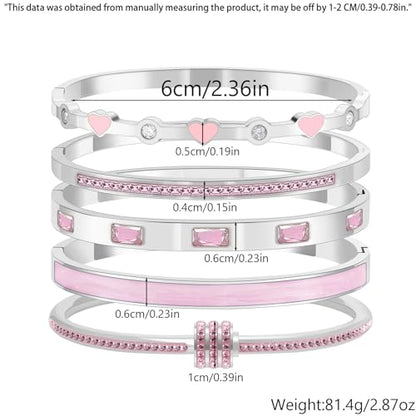 Camhanno Pink Heart Bangle Bracelets for Women - 18K Gold Plated Stackable Stainless Steel, Friendship & Love Jewelry Gift for Her - color: Silver+Pink