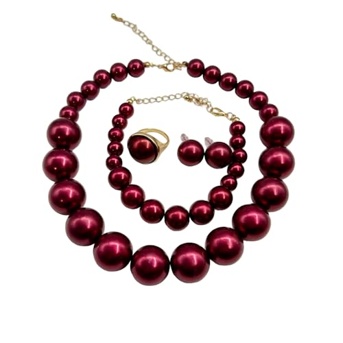 White Faux Pearl Necklace and Earrings Set Big Large Pearl Bead Ball Beaded Choker Necklace Black Pink Pearls Statement Bracelet Ring for Women - color: deep red