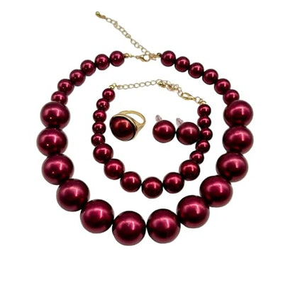 White Faux Pearl Necklace and Earrings Set Big Large Pearl Bead Ball Beaded Choker Necklace Black Pink Pearls Statement Bracelet Ring for Women - color: deep red