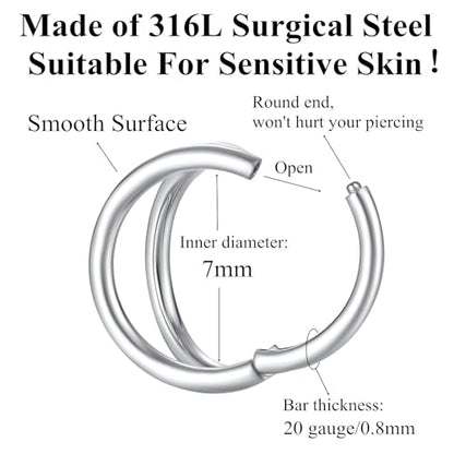ORANGELOVE Double Hoop Nose Ring 18G 16G 316L Surgical Steel Cartilage Earring Septum Jewelry Seamless Hinged Clicker Segment Ring Conch Daith Tragus Helix Rook Piercing Earring Lip Ring - color: Silver, size: 1pc 20 Gauge 7mm