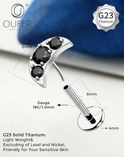 OUFER Body Piercing Titanium Flat Back Nose Stud 18G Moon Cartilage Earring Studs 6MM Threadless Helix Tragus Piercing Jewelry for Women Black Lip Piercing Jewelry - color: silver