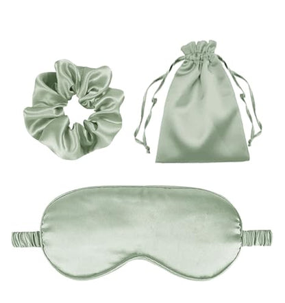 3Pcs Satin Eye Mask Silk Sleep Masks Set Silky Blindfold Eyeshade Blackout Eyes Cover Pouches Bag Scrunchy Wedding Gift - color: Sage