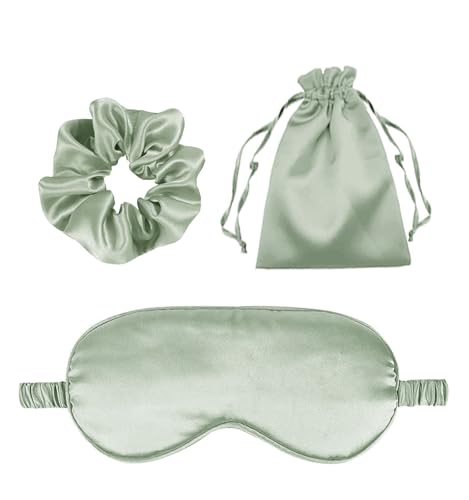 3Pcs Satin Eye Mask Silk Sleep Masks Set Silky Blindfold Eyeshade Blackout Eyes Cover Pouches Bag Scrunchy Wedding Gift - color: Sage