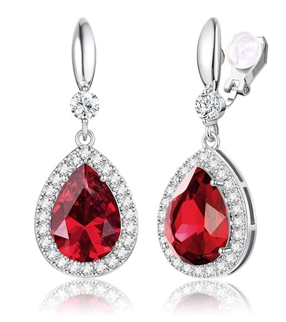 THUNARAZ Clip on Dangle Earrings for Women, Rhinestone Wedding Prom Jewelry | Clip Earrings Non-Pierced, Teardrop Dangle Earrings, Crystal Drop Earrings, Elegant Rhinestone Jewelry for Bride Bridesmaid - color: Silver Tone/Red Stone