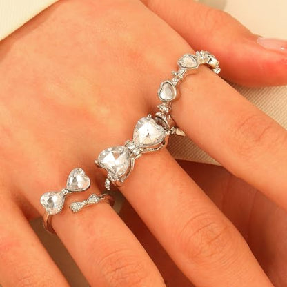 Pink Cubic Zirconia Cute Bowknot Finger Rings 925 Sterling Silver 14K Gold Plated Adjustable Rhinestone Butterfly Bowkont Open Rings Wedding Jewelry for Women（White） - color: white