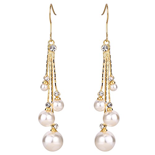 EleQueen Women's Silver-tone Crystal Simulated Pearl 4 Chain Bridal Long Dangle Hook Earrings Ivory Color - color: A-Gold-tone