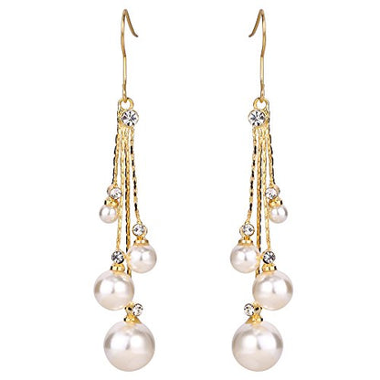EleQueen Women's Silver-tone Crystal Simulated Pearl 4 Chain Bridal Long Dangle Hook Earrings Ivory Color - color: A-Gold-tone