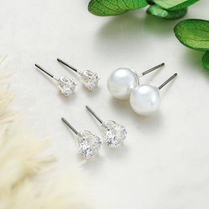 Earrings Holy Stud Earrings for Girls/Women, Sliver Gold Wedding Earrings for Bridesmaids - color: 3-8mm Diamond Pearl|Silver