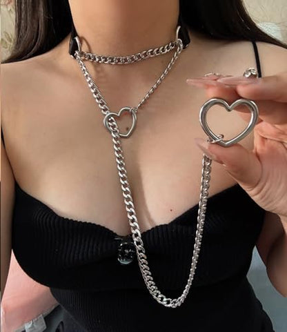 Slip Chain Necklace with Leather Choker Stainless Steel Cuban Link Long Lariat Necklace Punk Rock Heart Chain Necklace Handmade Collar for Women - color: Black&Silver