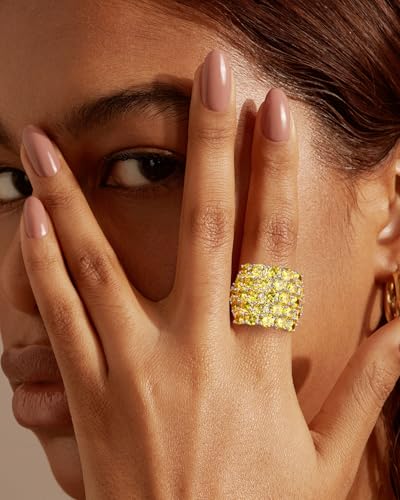925 Sterling Silver Pave Birthstone Chunky Statement Rings for Women Men | 14K Gold Plated/Silver Large Dome Ring Birthday Cocktail Jewelry,Size 6 to 10(with Gift Box) - color: 11-Created Citrine-Nov.