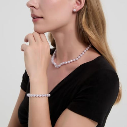 8mm Faux Pearl Necklace Set, Bracelet Earrings for Women & Girls | Glass Material, Handmade Jewelry Detail, Party & Formal Event Style - style: Purple 16 inches
