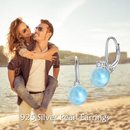 TIGER RIDER Pearl Earrings 925 Sterling Silver Leverback Hypoallergenic Drop Earring Jewelry for Women Birthday Gifts - style: Larimar