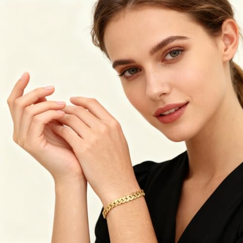 CaptainSteeL Cuban Bracelet for Men Stainless Steel Chain Link Bracelet | 8mm Width,7/7.5/8/9 Inch Length, Silver/18K Gold Plated,Men Bracelet,Waterproof Bracelet,Bithday ,Christmas gift - color: Dense Chain Gold Plate, size: 7.5in